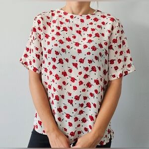 Vintage Quo-Silk Women’s 100% Silk Blouse Top Floral Print Sz S White Red